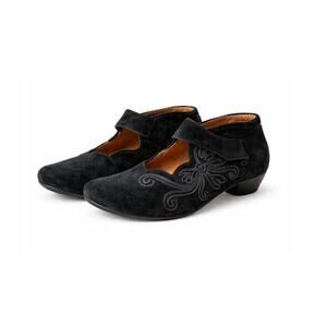 Think! Womens Black Suede Mary Jane Shoes Embroidered Comfort EU 39 US 8.5